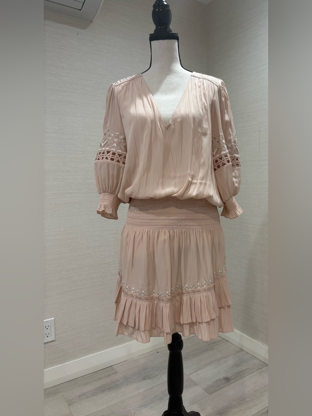 Ramy Brook Blush Pink Pleated V-Neck Tiered Skirt Dress